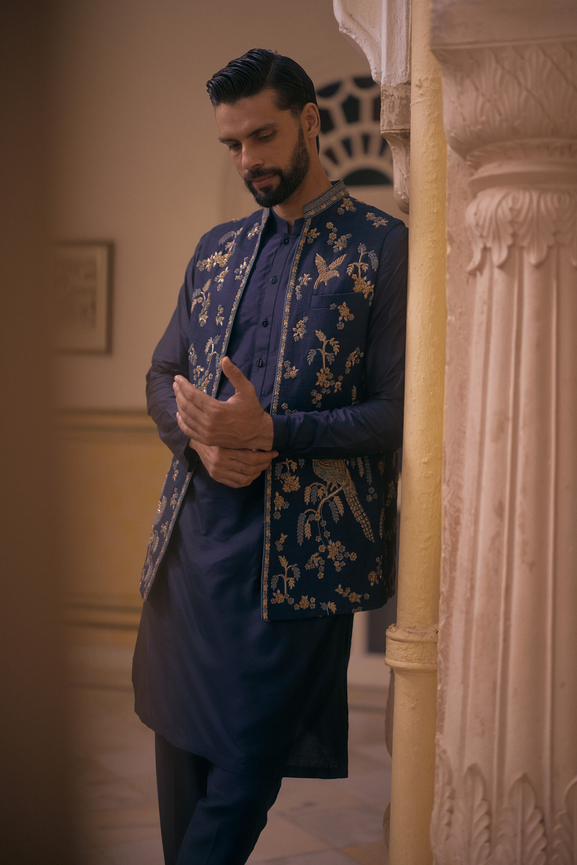 Azar Embroidered Silk Nehru Jacket - Navy Blue, Navy Blue, image 3